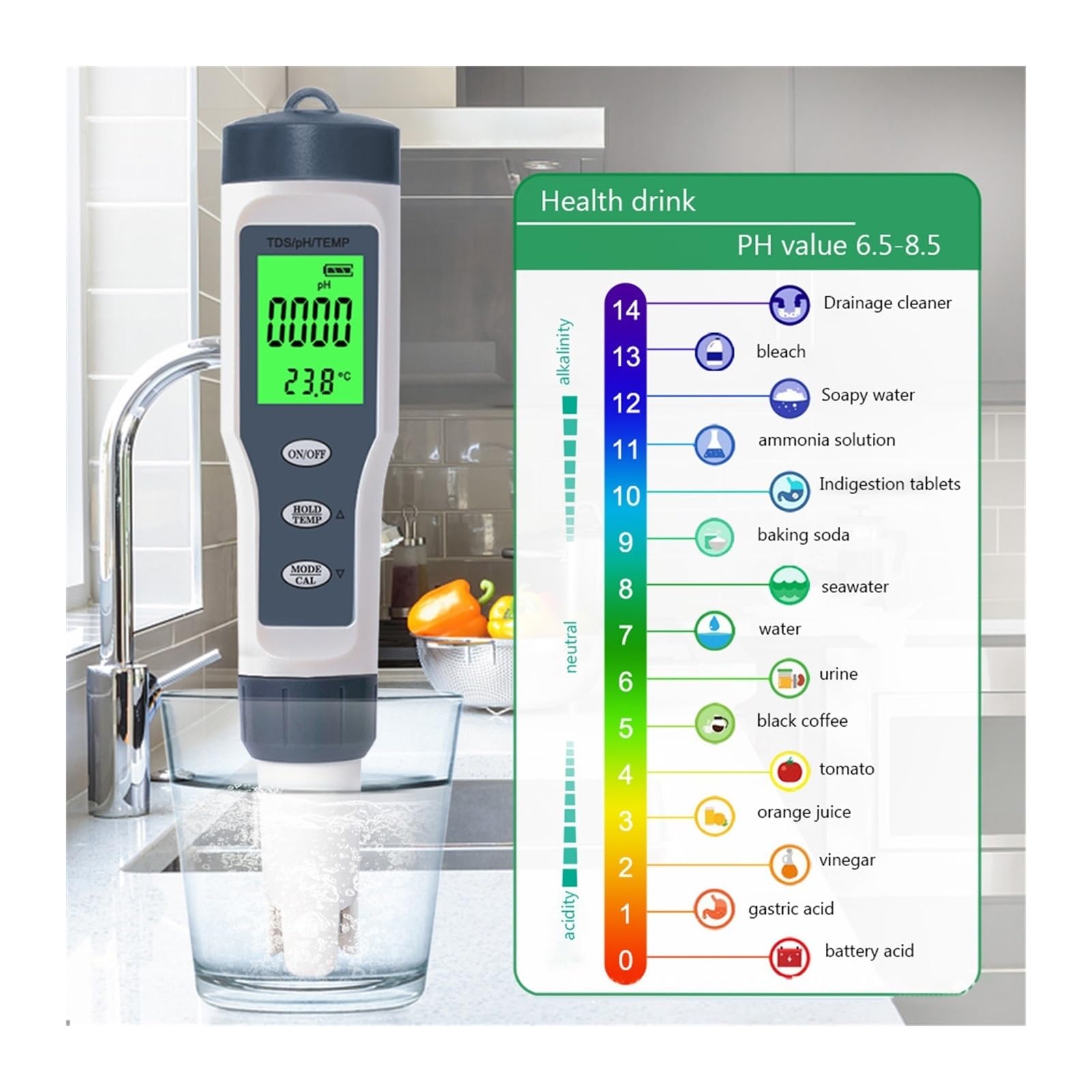 Tester miernika PH, Miernik PH 3 w 1 TDS miernik temperatury Tester PH cyfrowy Tester jakości wody do wody pitnej akwarium basen analizator wody,Woda pitna, Hydroponika, SPA, Browarnictwo(3 in 1 No B