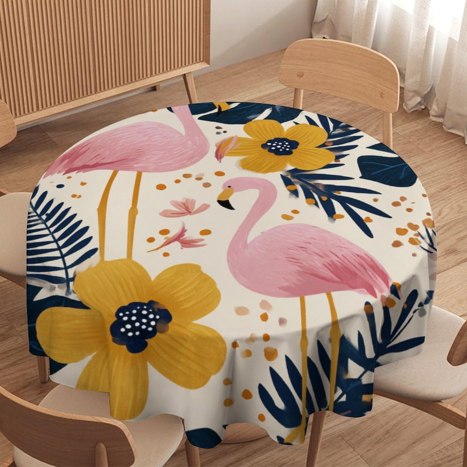 LUYYSKY Rustic Painting Art Animal Flamingos Round Tablecloth Modern Classic Tropical Plants Palm Leaves Birds Flamingo Washable Decor for Table Cover for Kitchen-60 Wx60 L