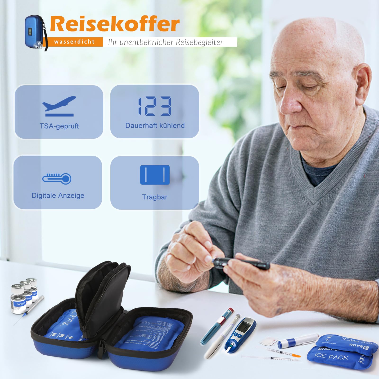 Insulinkühler Reisekoffer TSA genehmigte Medikament Diabetischer Kühler für Reisen mit Thermometer Temperaturanzeige Kühler Medizin Organizer Tasche mit 2-Eis-Pack (blau)