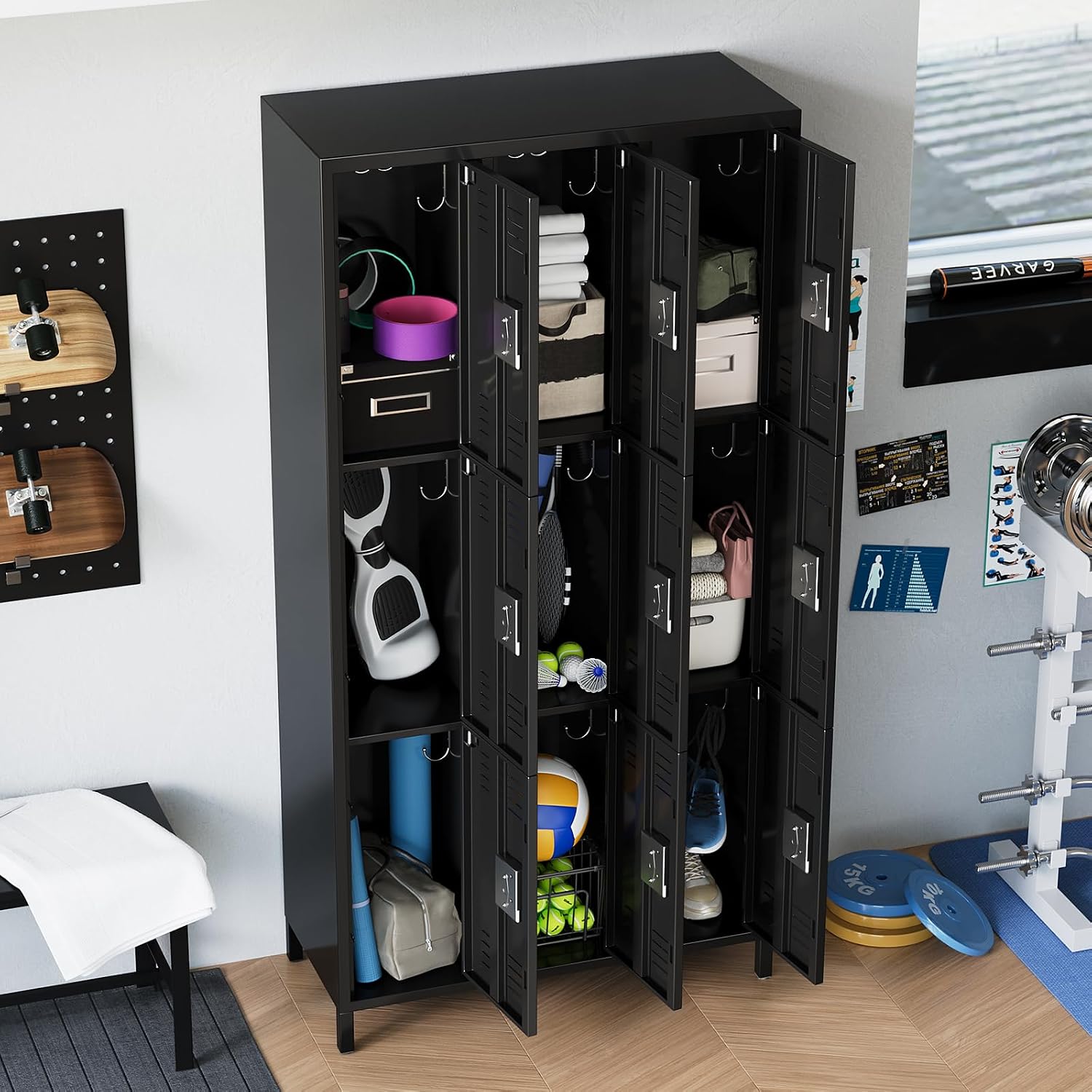 Metal Lockers for Employees 9 Doors, 72" Tall Storage Locker with 27 Hooks and 6 Shelves, Cabinet for Home, School, Gym, Office, Black