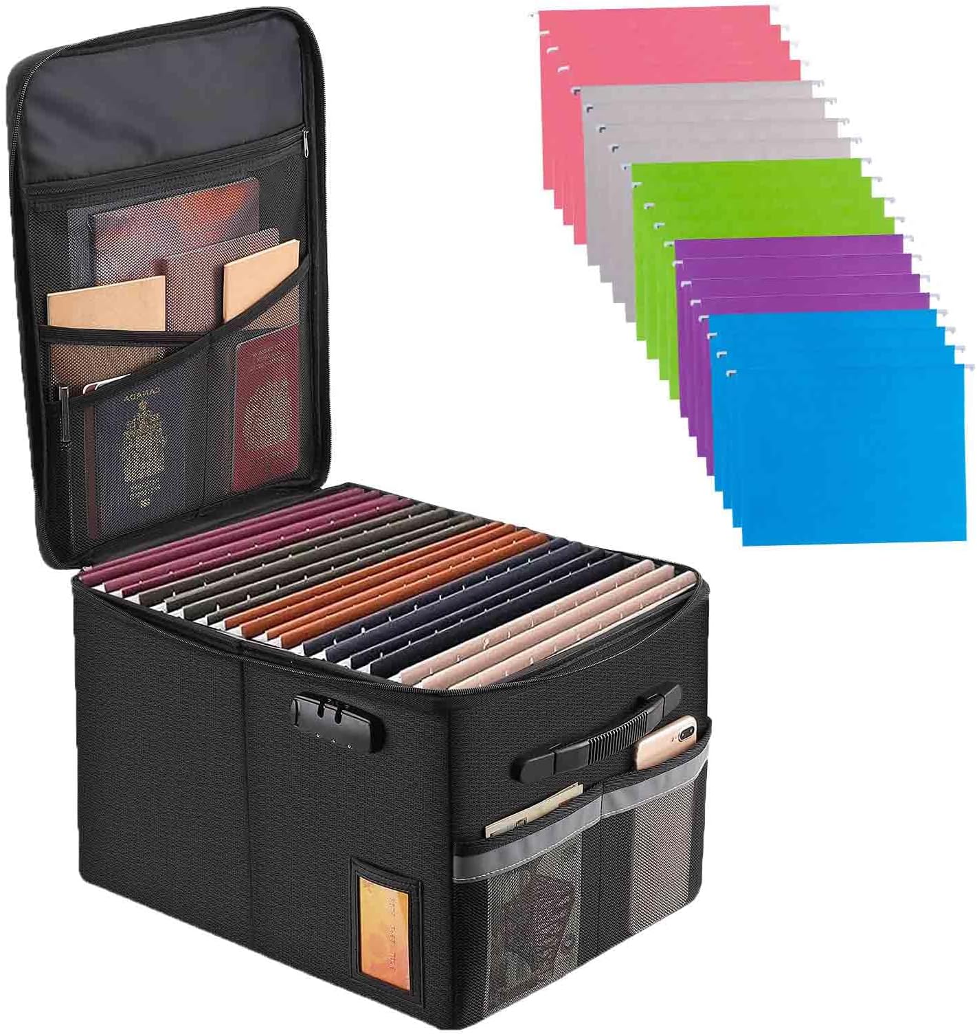 Fireproof Document Box File Organizer Box, Cabinet Storage Filing with Lock, Portable Office Safe for Hanging Letter/Legal Folder 16.1 x 12.9 11in (File Box+20 Files)