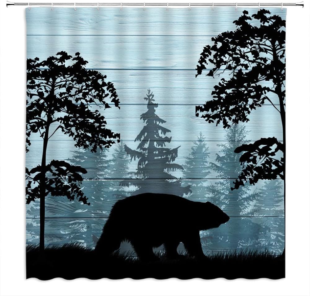 Rustic Bear Forest Shower Curtain Cabin Wildlife Animal Vintage Wooden Board Country Hunting Camping Nature Polyester Curtains Bathroom Decor with Hooks 90" Wx70 H