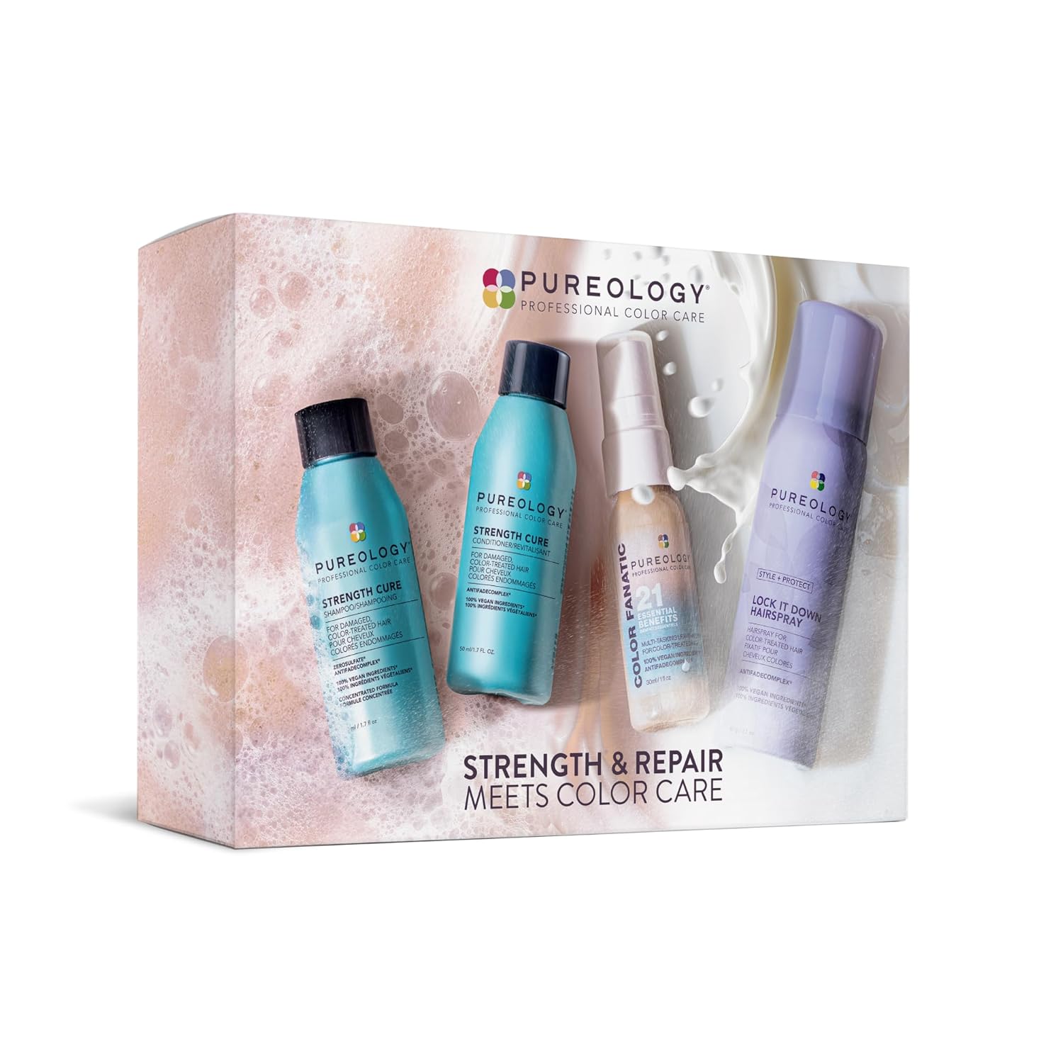 Pureology Hair Strengthening Discovery Kit - Shampoo, Conditioner, Color Fanatic Leave-In Treatment & Hairspray, Strengthens, Instant Softness & Shine, For Damaged and Color Treated Hair, Sulfate-Free