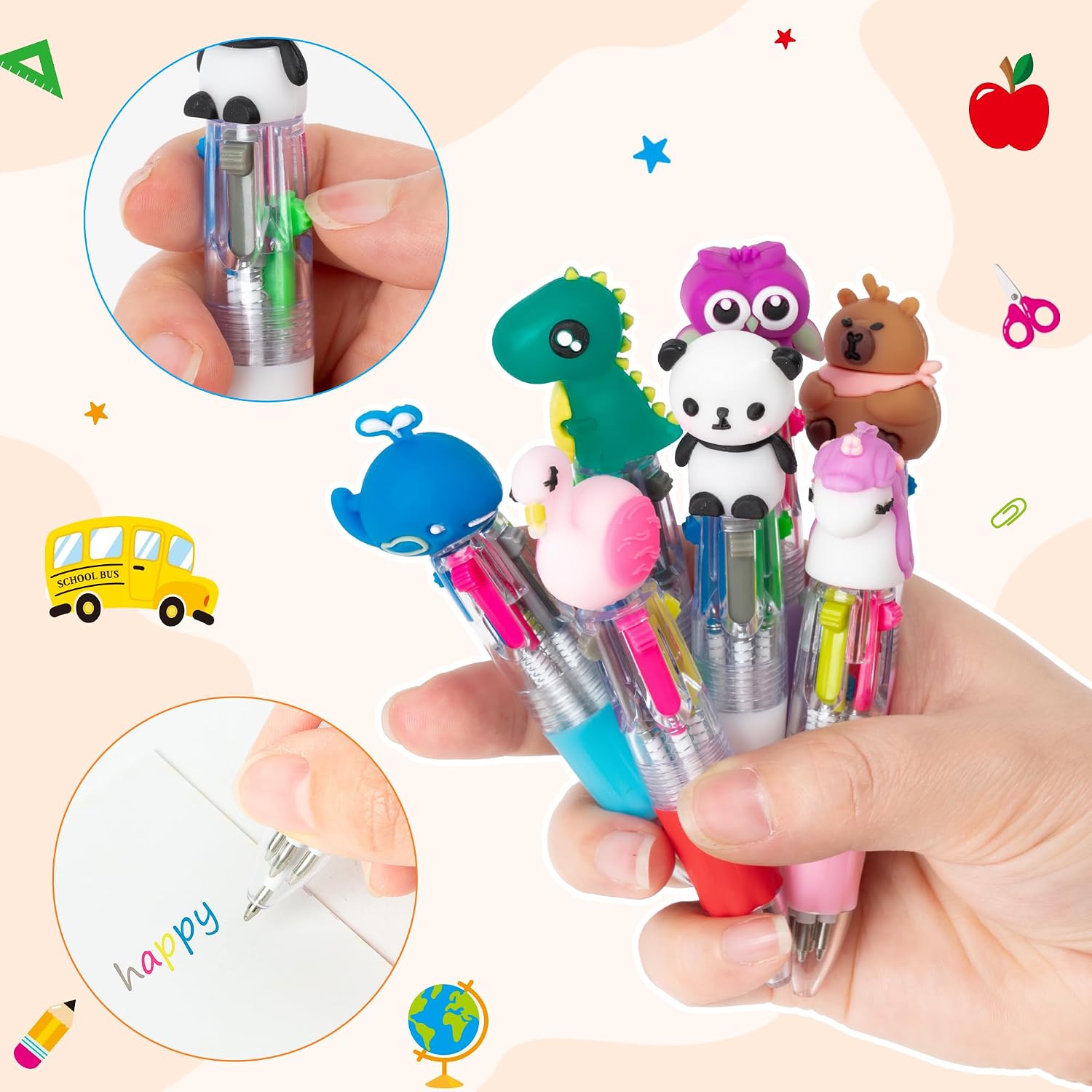 ANGOLIO Back to School 84Pcs Cute Multicolor Pens Gifts Cute Cartoon 4 in 1 Multicolor Retractable Ballpoint Pens with Gift Cards for Students Kids Classroom Rewards Summer Teacher Appreciation Gifts