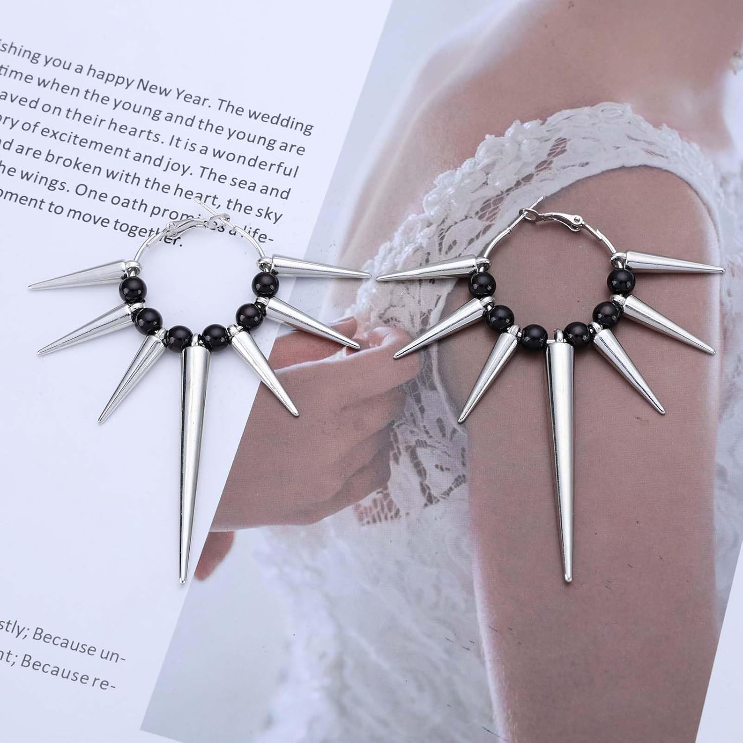 Gothic Spikes Dangle Earrings Silver Spikes Rivets Drop Earrings Large Spiky Circle Hoop Earring Black Rice Bead Hoop Earring Jewelry for Women - Image 3