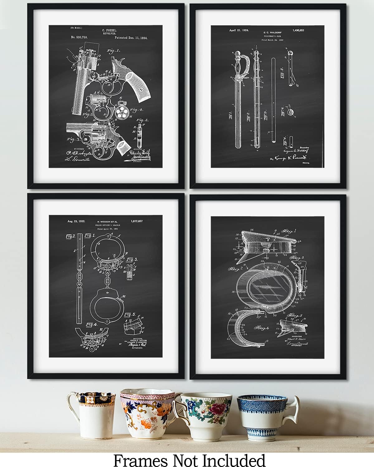 Govivo Police Patents - A Set of Four Police Gear Patents Wall Art Decor Prints with dark gray backgrounds - unframed artwork printed on photograph paper