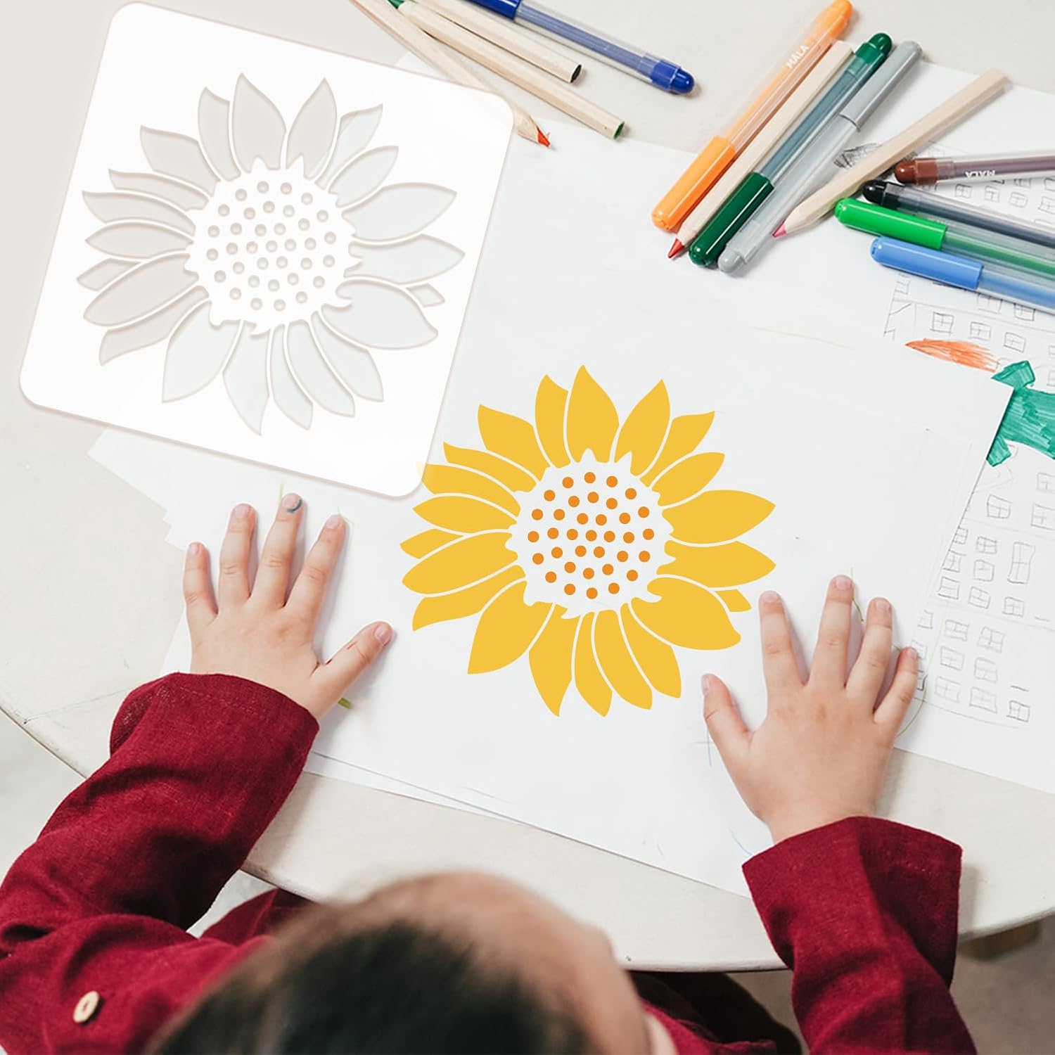 12PCS Large Flower Stencils for Painting on Wood 12 x 12 Inch Giant Wall Stencil with Brushes Large Pattern Floral Stencils Sunflower Paint Stencil for Walls Garden Fence Furniture Fabric