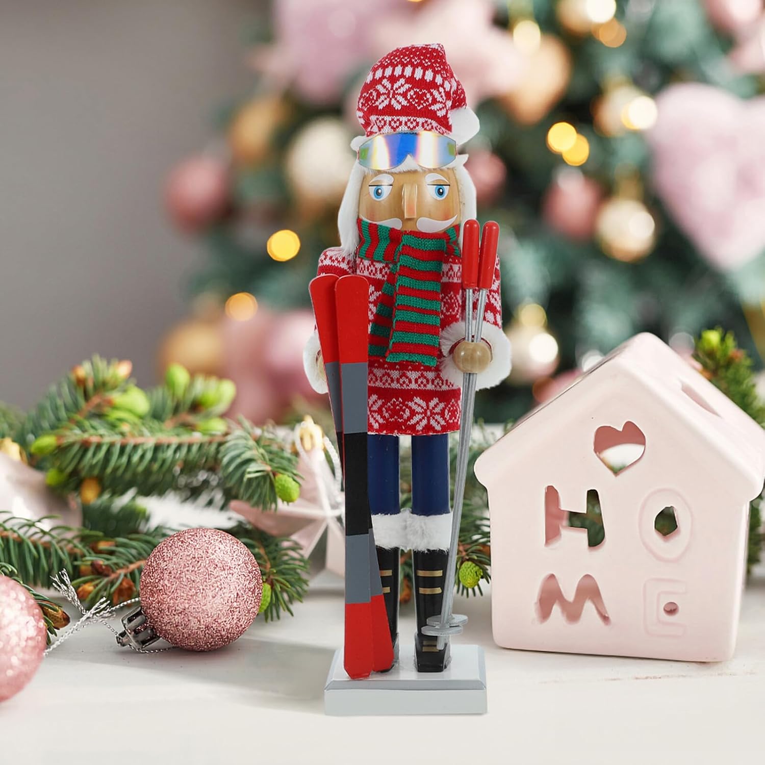 Wooden Nutcracker Soldier Figurine 38cm Striped Scarf, Skiing Boy Christmas Nutcrackers Decoration for Holiday Table and Desktop Display