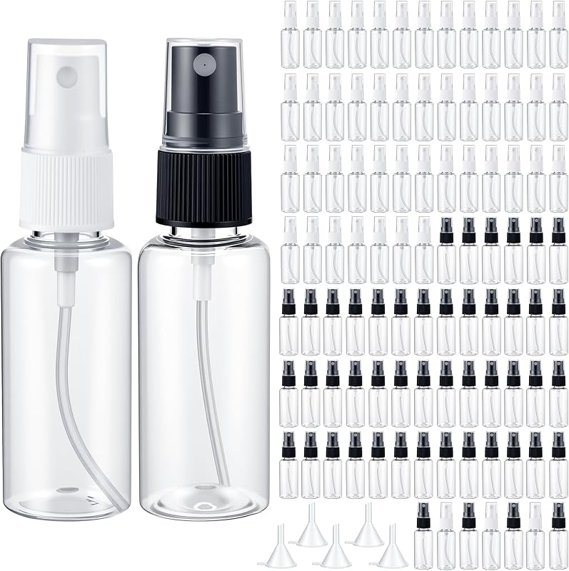 Maxcheck Frascos Spray Transparentes de Plástico com 30 mL, Pacote com 100 e 5 Funis, Preto e Branco