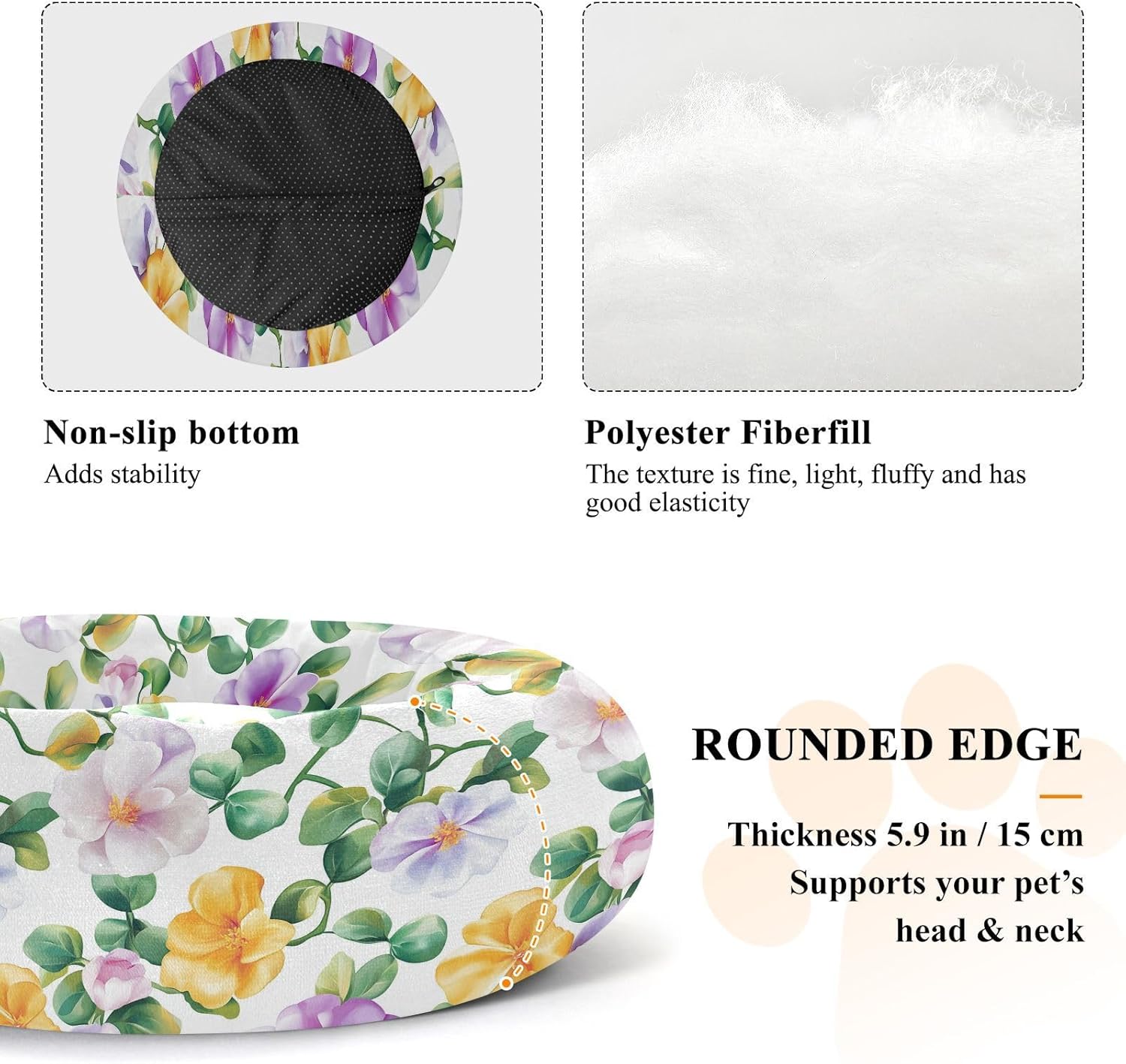 Pet Dog Bed Donut Cuddler Fluffy Dog Pillow Bed for Small Size Pets Supplies M Beauty Portulaca Grandiflora White
