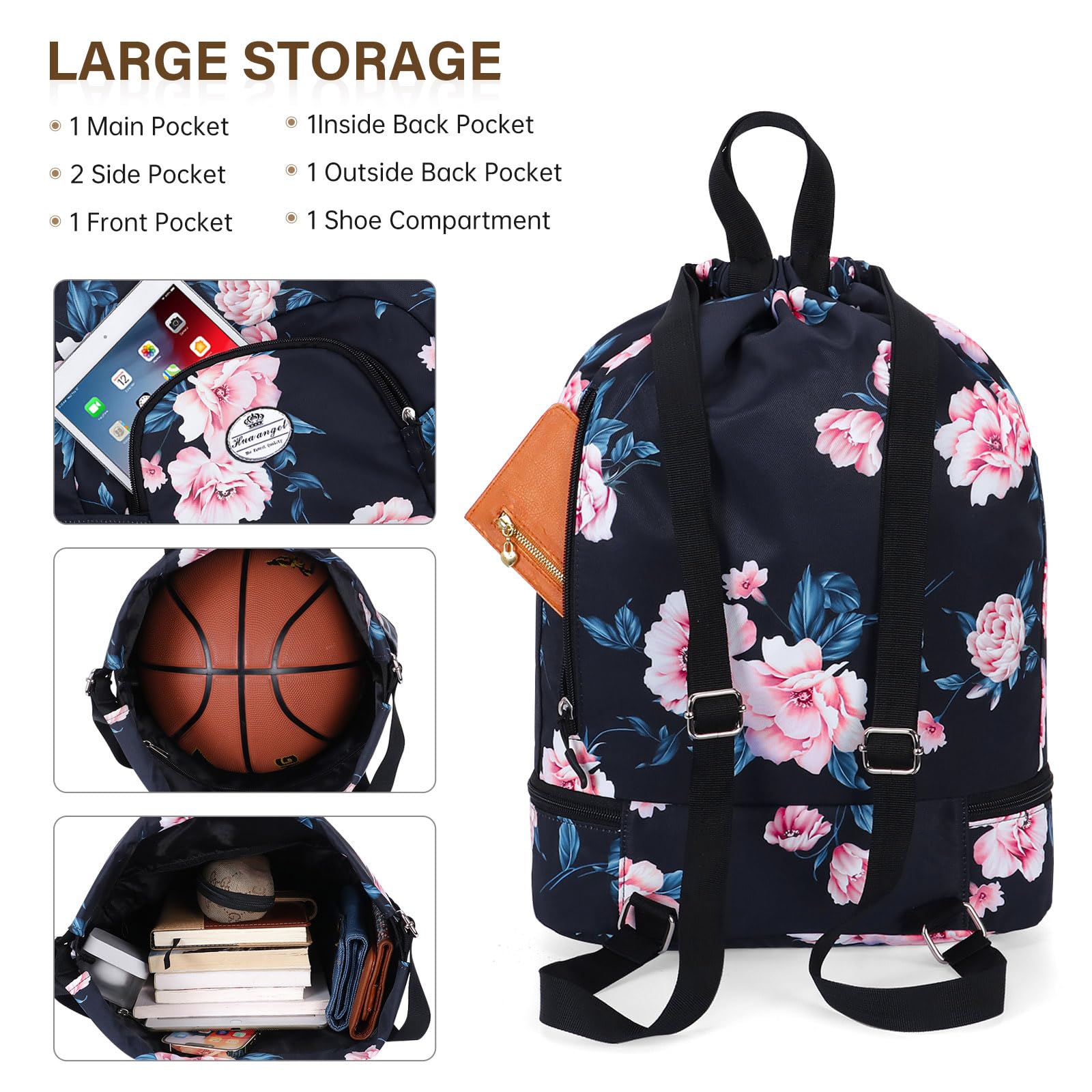 HUA ANGEL Unisex Drawstring Backpack Sports Gym Bag Drawstring Bag Weekend Daypack With Shoe Compartment for Women Men Basketball Football Outdoor Fitness Yoga Swimming Beach - Image 3