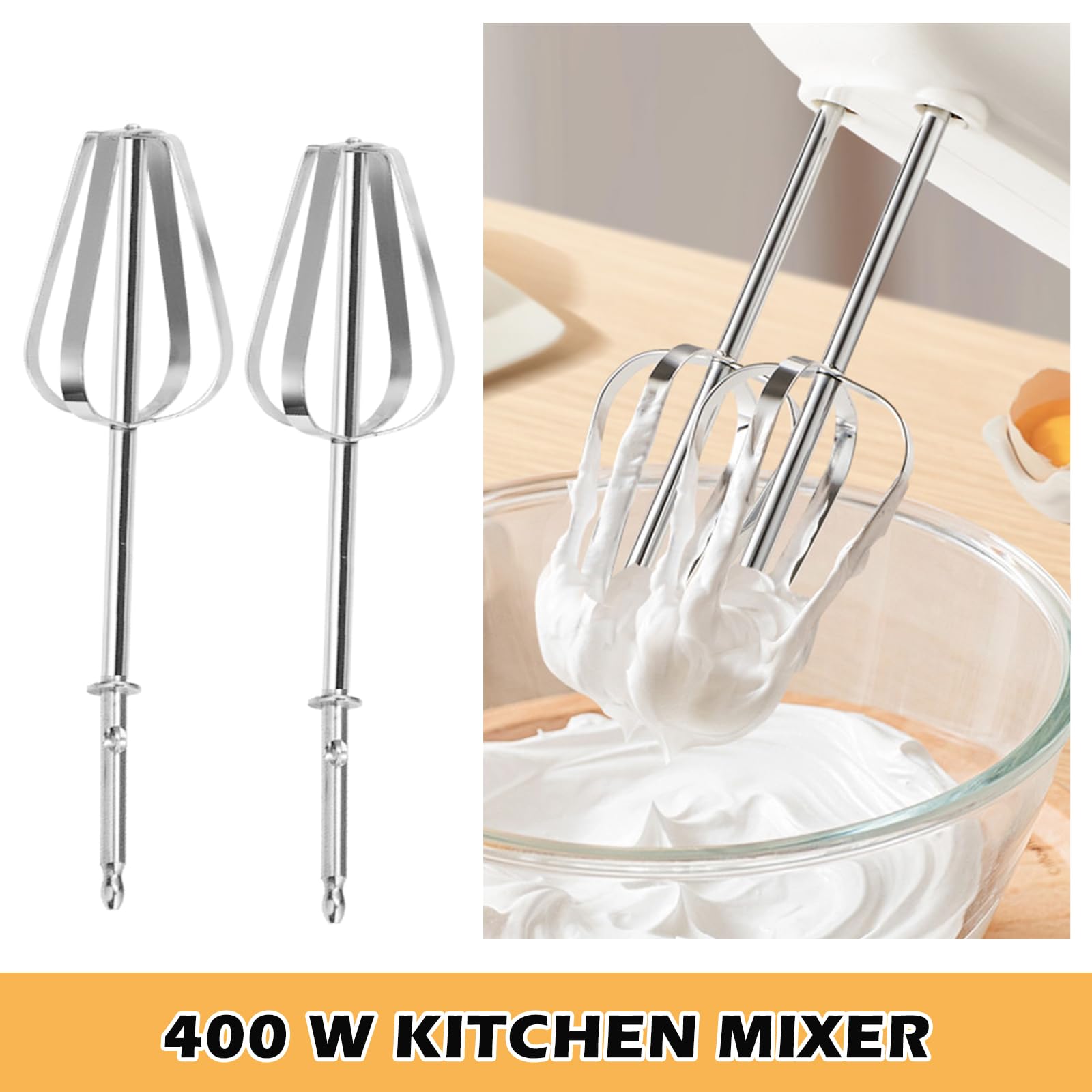 Handmixer 400W, Handrührgerät mit 5 Stufen & Turbo-Funktion, Edelstahl Rührgerät Hand Mixer mit 2 Rührbesen, 2 Knethaken, One-Click Reinigung, für Küche, Backen, Mixen & Kochen