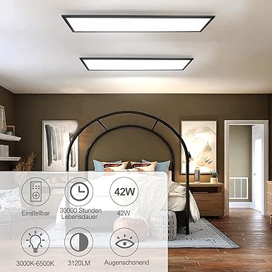 CBJKTX LED Panel Zwart Plafond Licht Dimbaar - Flat Plafond Lamp Kantoor met Afstandsbediening Woonkamer Lamp 100x25CM Keuken Lamp 42W Slaapkamer Lamp Plafond Modern Kantoor Keuken Slaapkamer Hal photo 3