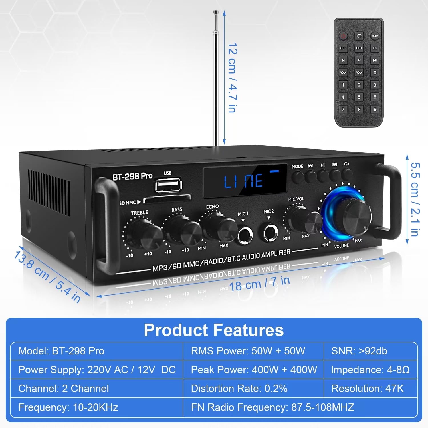 298 Pro Mini Amplificateur Bluetooth 5.0, Audio HiFi 2 Canaux, Max 500W x 2 RMS, 50W x 2, Récepteur Stéréo, Aigus et Basses Avec USB/RCA/MIC/FM