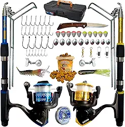 Kit de Pesca Completo, 2 Varas Telescópicas 1,5-1,8m, 2 Molinetes, Maleta e Acessórios, Azul/Amarelo