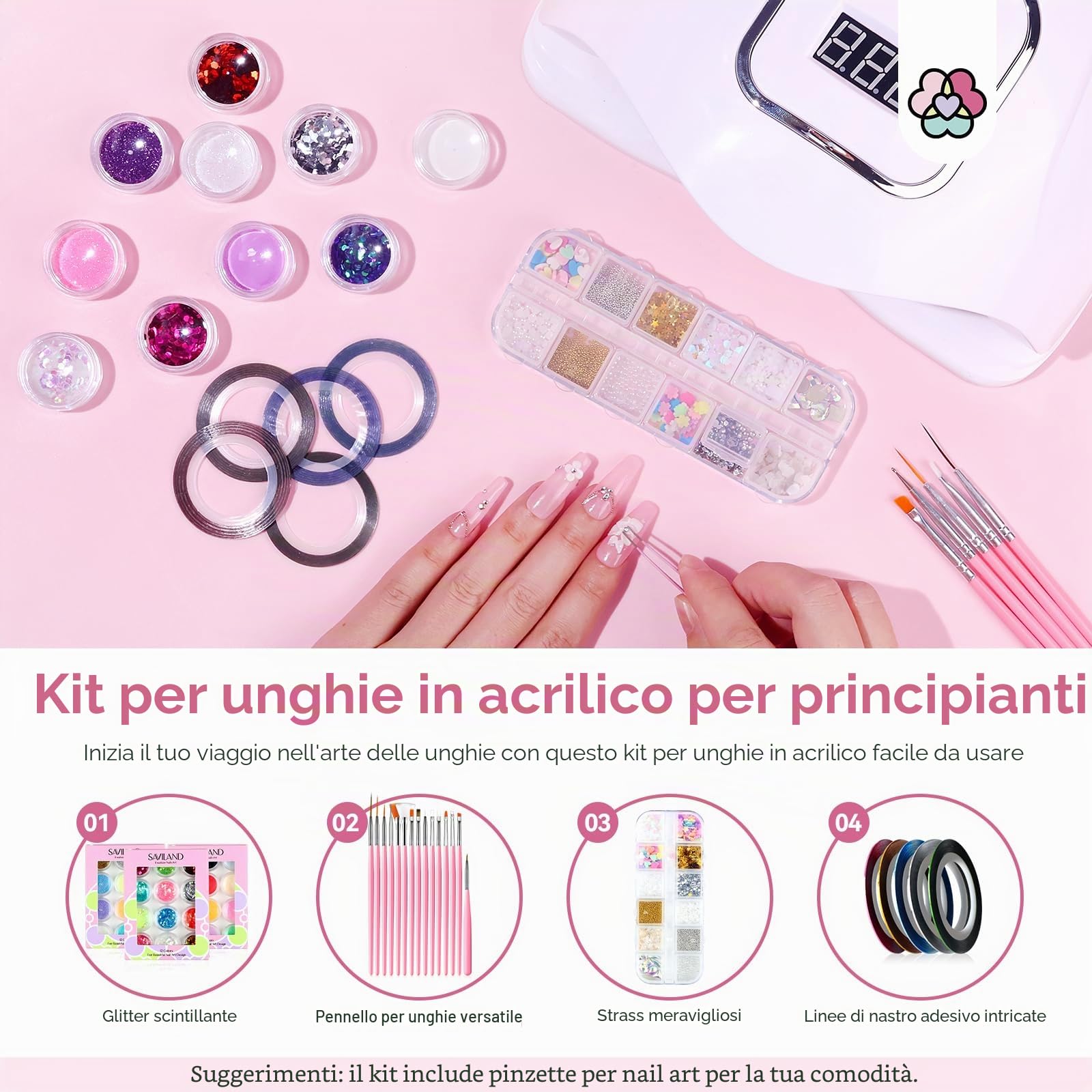 SAVILAND Acrilico per Unghie Kit con Lampada UV Polvere Acrilica e Liquido Smalto Gel Fresa per Unghies Kit Unghies Gel Completo per Principianti Regalo di Natale Kit Unghie Gel Completo