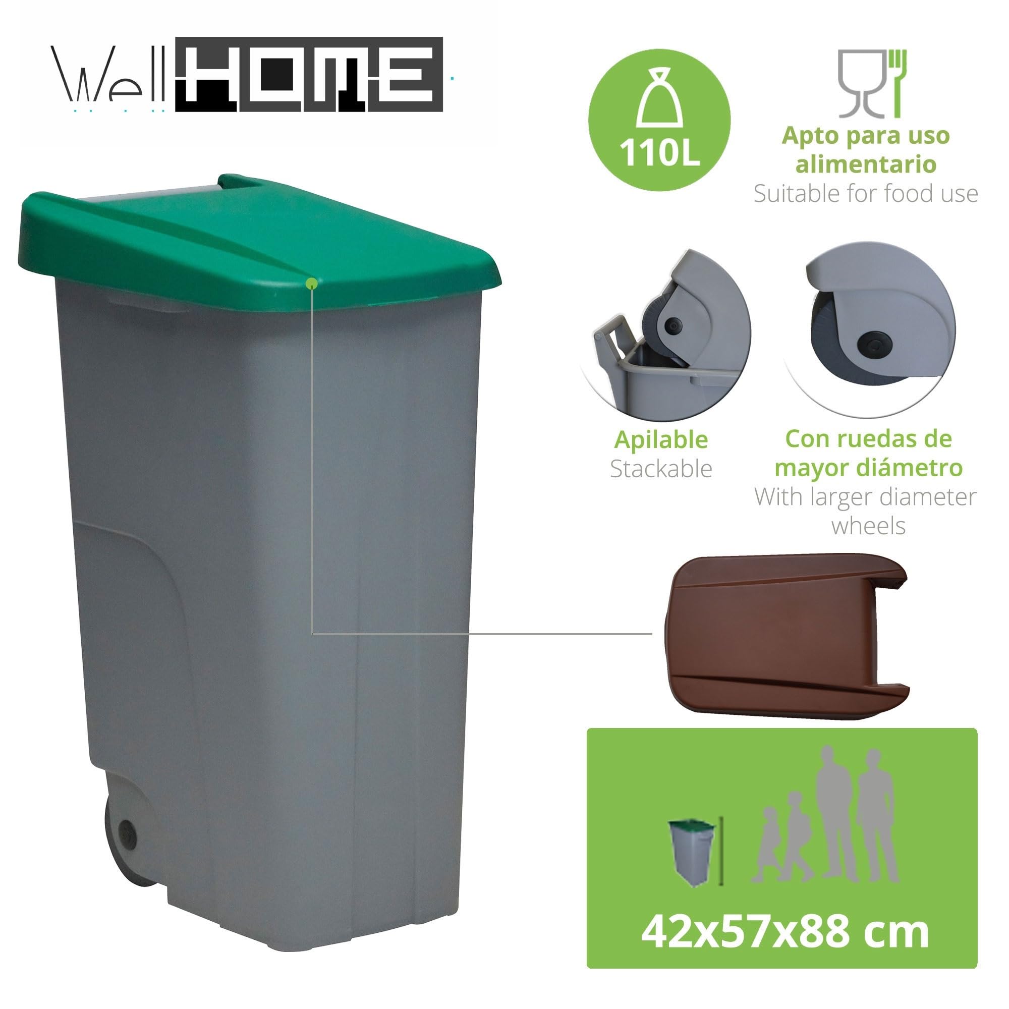 WELL HOME MOBILIARIO & DECORACIÓN Conteneur fermé 110 L vert H.88 cm + rouleau de 10 sacs poubelle 120 l