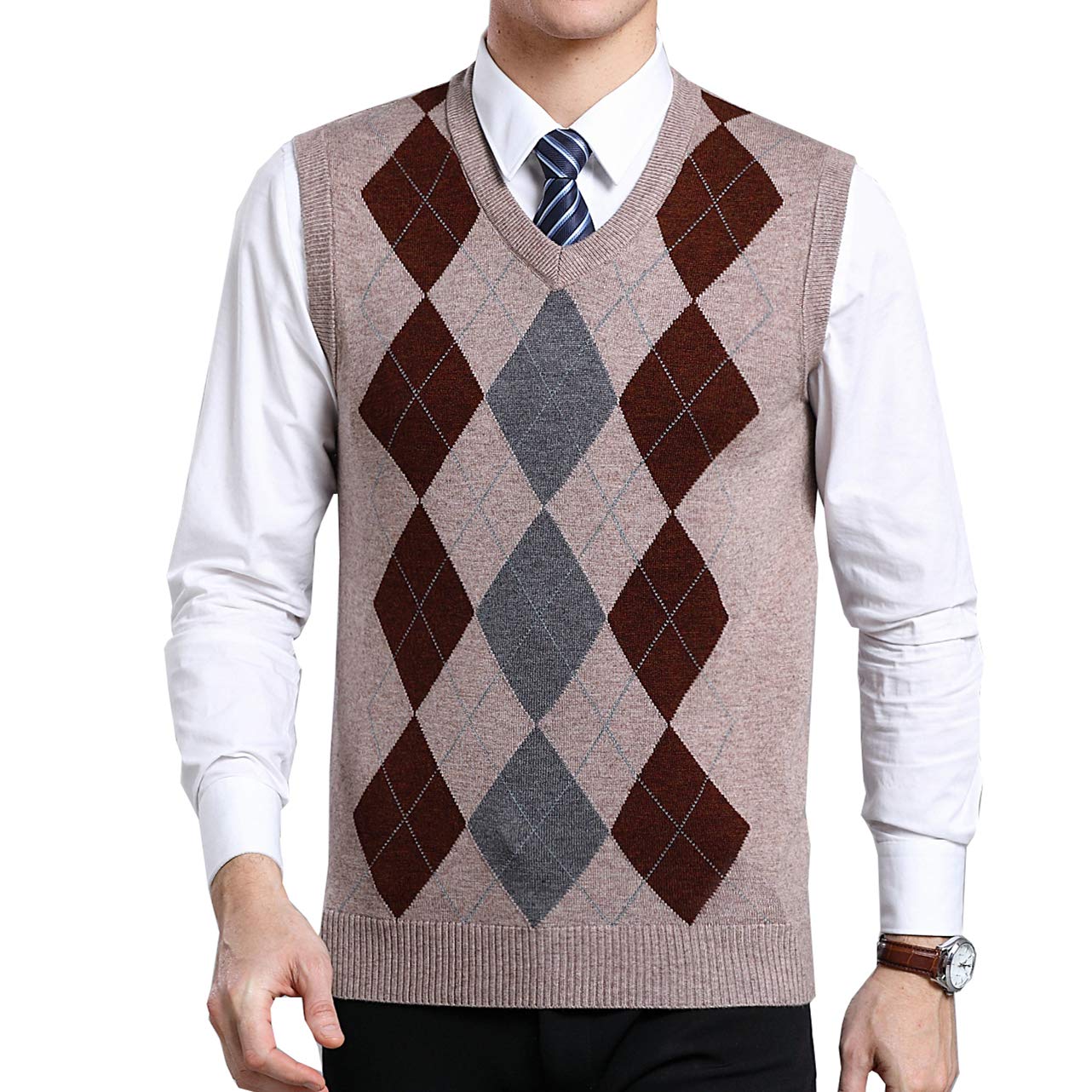 Biutimarden Boys Khaki Morenmens Classic V-Neck Vest Sleeveless Jumper Knitted Gilet Knitwear Sweater Tank Tops Knitted Waistcoat Slipover Plaid Decoration