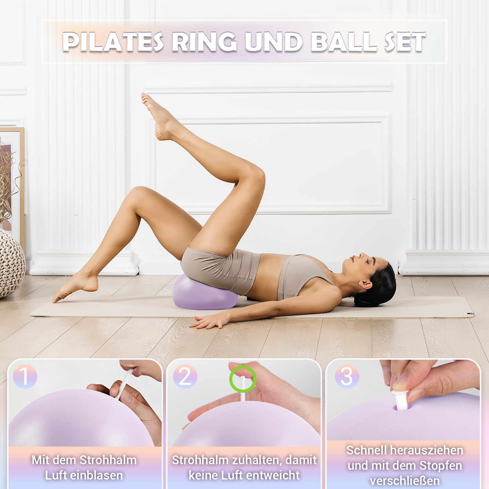 Pilates Set für Zuhause, Pilates Ring und Ball Set mit 12"/30 cm Yoga Circle, Miniball, 3 Fitnessbänders, Trainingsposter & Tragbare Tasche, Pilates Kit für Homeworkout Equipment Frauen, Workout