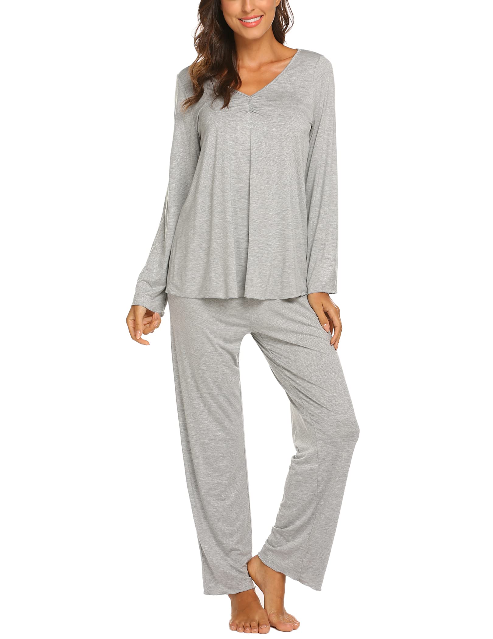 Ekouaer Womens Pajama Sets V Neck Loungewear Long Sleeve Pj Sets 2 Piece Lounge Sets for Women Soft Sleepwear for All Seasons Light Gray