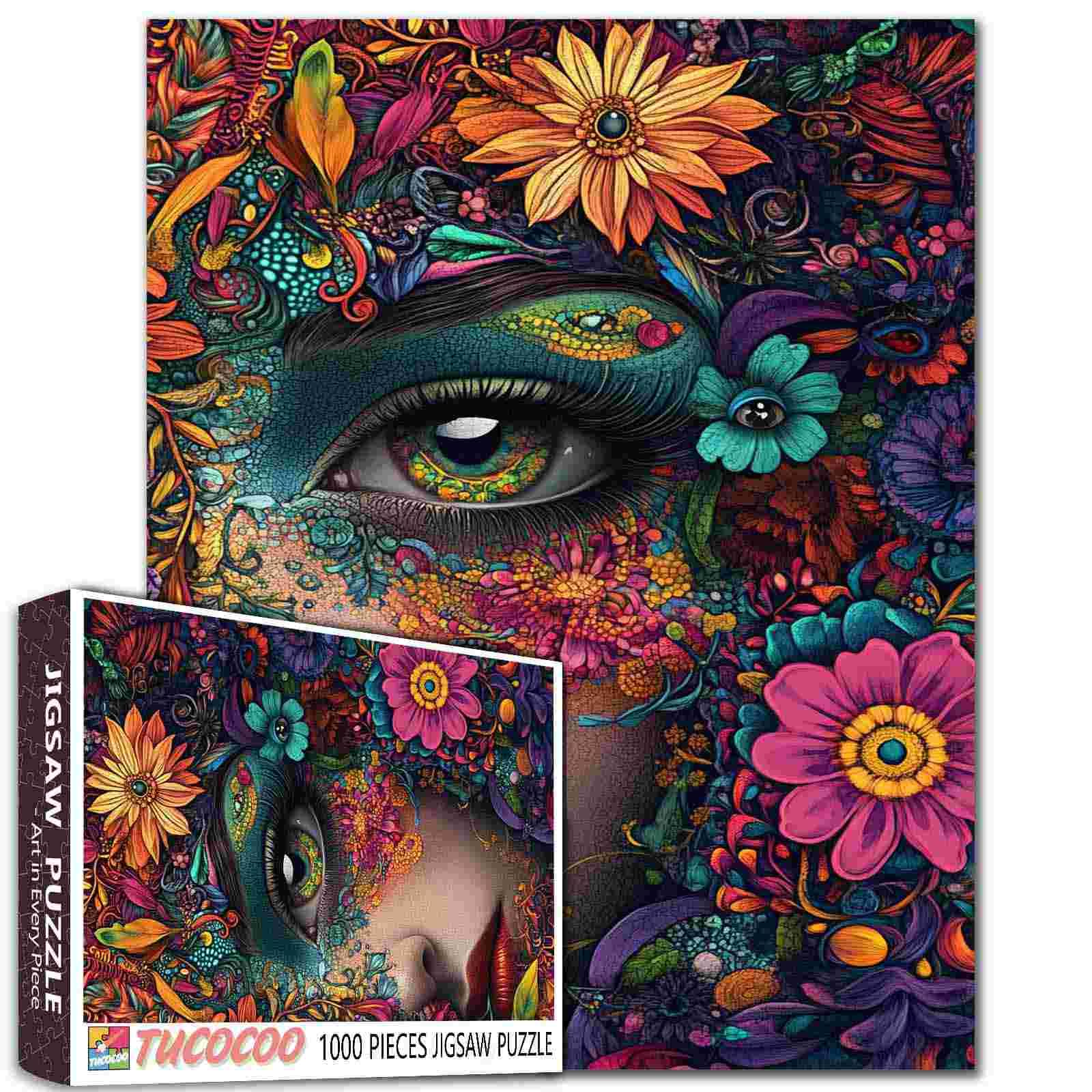 Abstract Woman Face Jigsaw Puzzles 1000 Pieces for Adults, Families(Girl,Beauty Eye,Flower,Wildflower) Pieces Fit Together Perfectly 19.7''x27.6''inch Fashion Female Frameable Magic Puzzle Art Gift