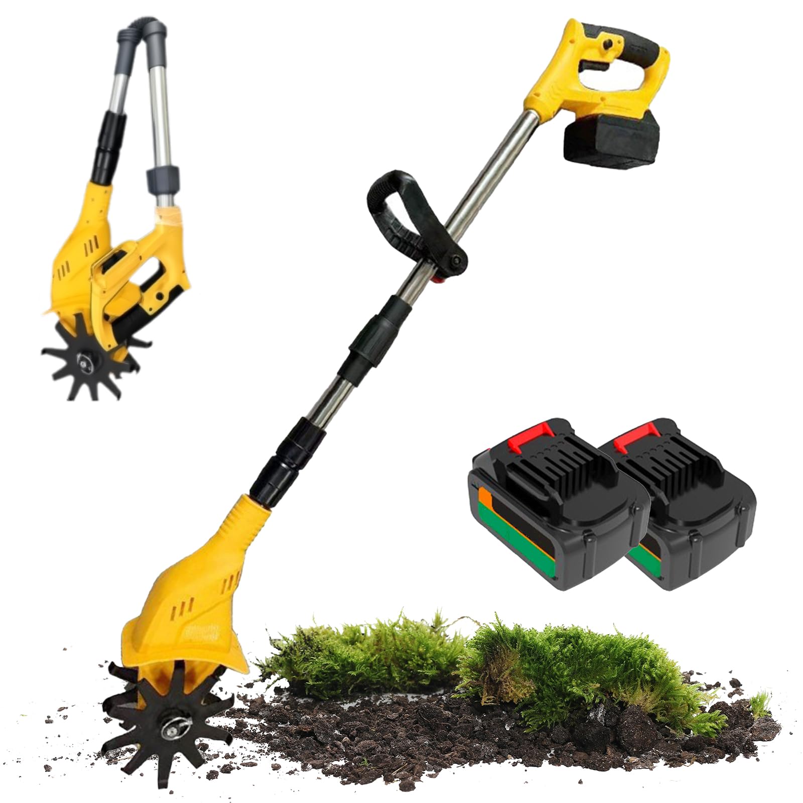 Motoazada Eléctrica Inalámbrica de 1380W, Volteadora de Tierra Plegable con Mango Ajustable, 25Cm de Profundidad de Labranza, 10Cm de Ancho, 4 Cuchillas de Acero Al Man Yellow (2 Units, 10 Batteries)