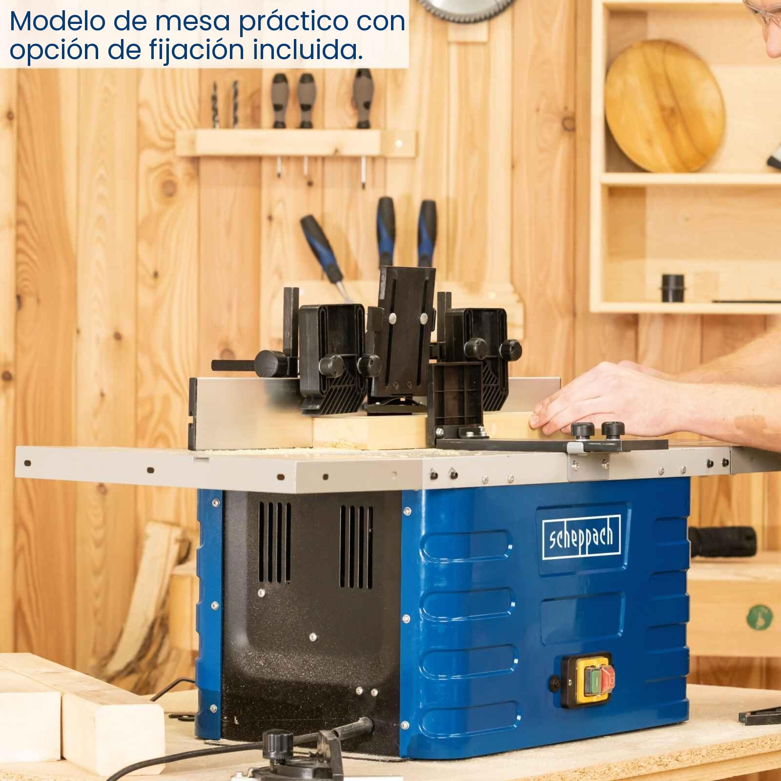 Scheppach Fresadora de mesa HF60, 230 V, 1500 W, pinzas de sujeción de 6/8/12 mm, altura máx. 40 mm, regulación de velocidad variable de 11500 hasta 24000 min-1, incluye ampliadores de mesa