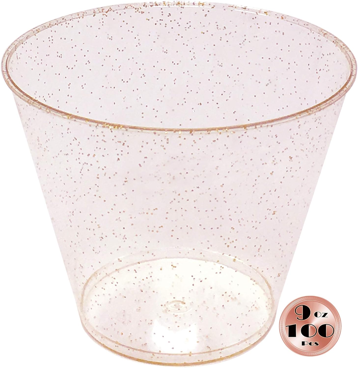 JL Prime 100 Rose Gold Glitter Plastic Cups, 9 Oz Heavy Duty Reusable Disposable Rose Gold Glitter Clear Plastic Cups, Old Fashioned Tumblers, Hard Plastic Drinking Cups for Party and Wedding