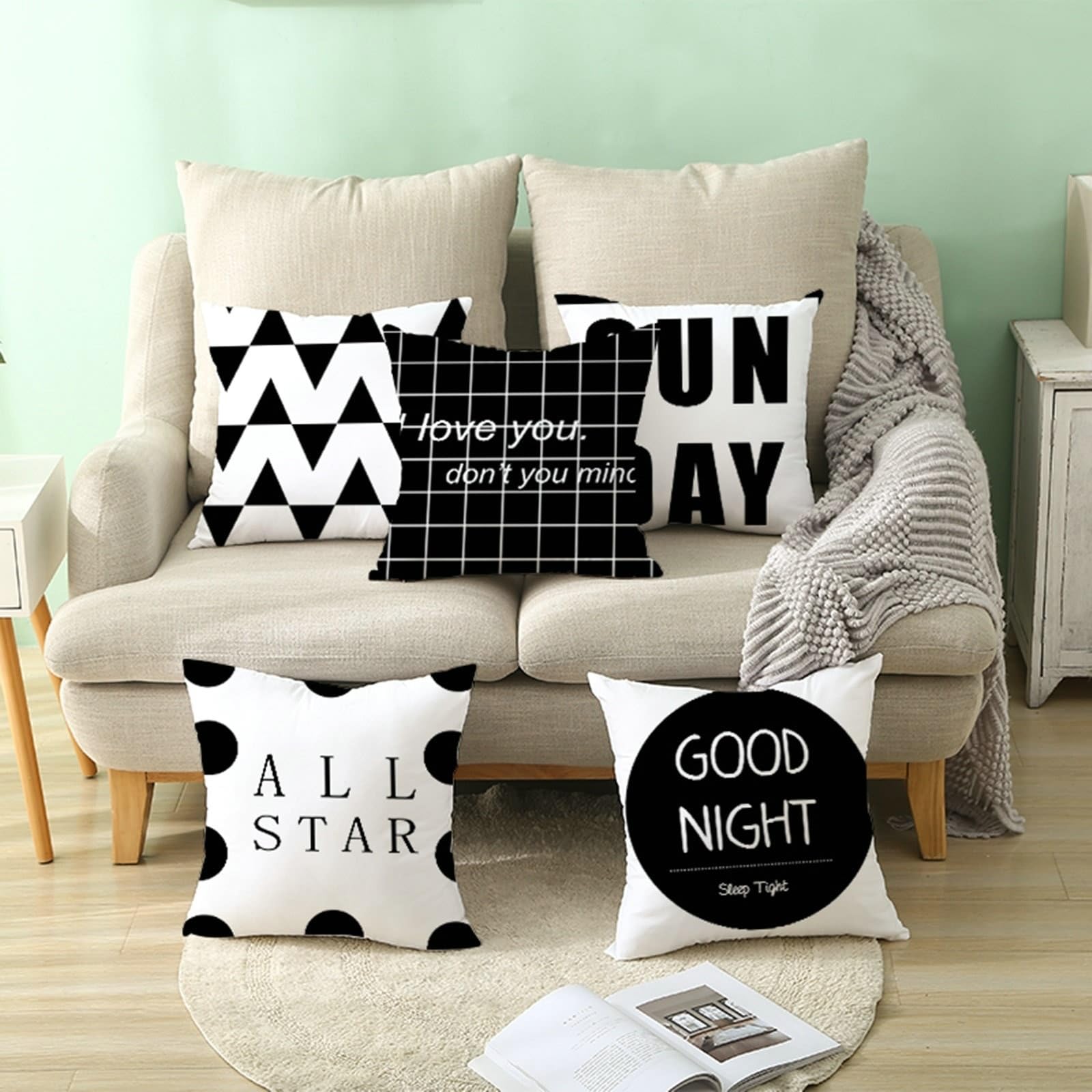 Sunday All Star "Good Night Punkt" dekoracyjne poszewki na poduszki, dekoracyjne, miękkie, poszewki na poduszki do salonu, czarno-białe, 50 x 50 cm, zestaw 4 sztuk