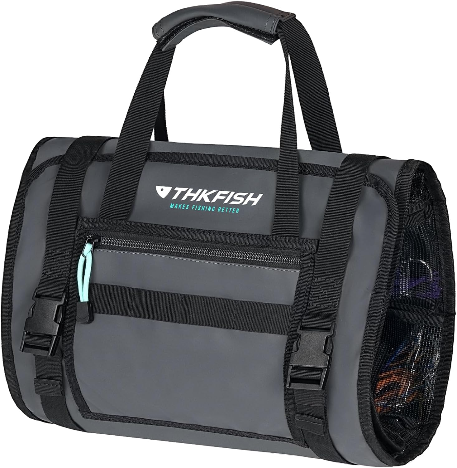 THKFISH Big Bait Bag, Roll-Up Large Trolling Lure Bag for Big Baits with 7 or 8 Heavy Duty PVC Protective Cover Pockets, Mesh Cleaning & Drying Tabs