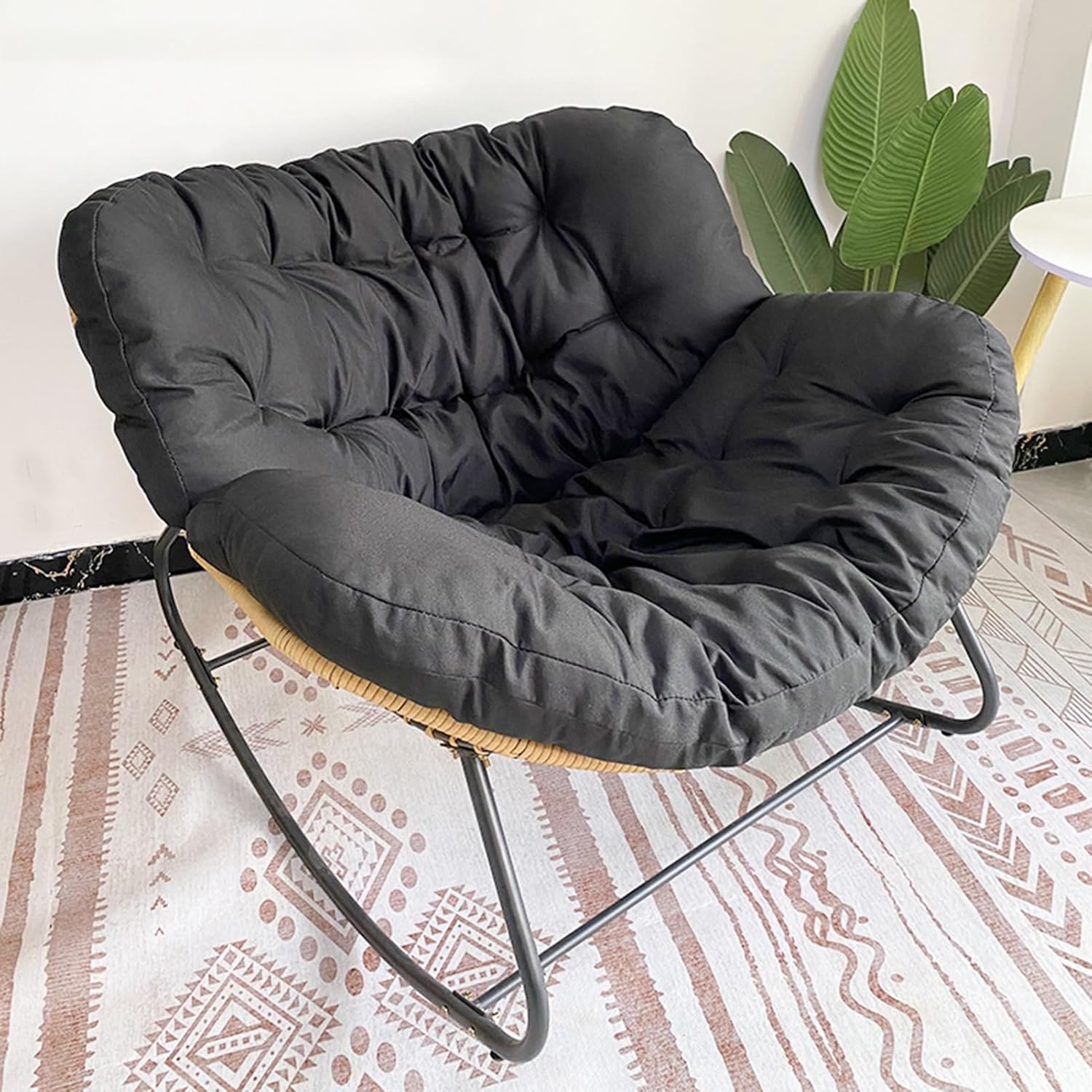 Outdoor Patio Rocking Chair, Indoor Comfy Reading Chairs Set with Oversized Cushion, Oversized Wicker Chair Padded Cushion Rocker Recliner Chair Outdoor for Front Porch, Garden (Color : Beige)