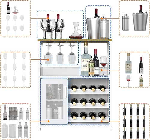 Miniatura 13 de IDEALHOUSE Armario de bar de vinos de 3 niveles con estante y cajón desmontable para vinos, aparador industrial y gabinete de buffet con soporte de
