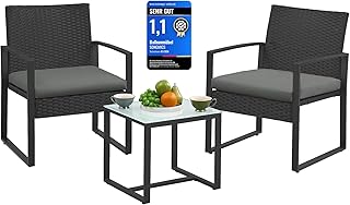 SONGMICS Balkonmöbel, Gartenmöbel-Set, aus PE-Polyrattan, Lounge-Set, Tisch und 2 Stühle, Terrassenmöbel, einfache Montage, Outdoor, für Terrasse, Balkon, Garten, schwarz-grau GGF010G05
