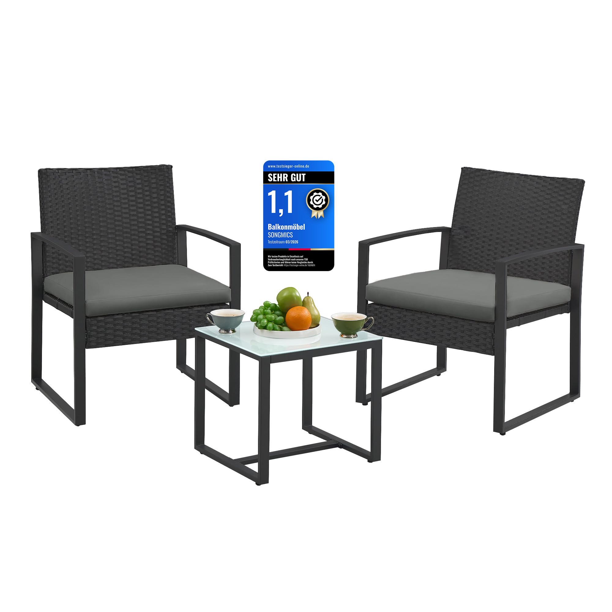 SONGMICS Balkonmöbel, Gartenmöbel-Set, aus PE-Polyrattan, Lounge-Set, Tisch und 2 Stühle, Terrassenmöbel, einfache Montage, Outdoor, für Terrasse, Balkon, Garten, schwarz-grau GGF010G05