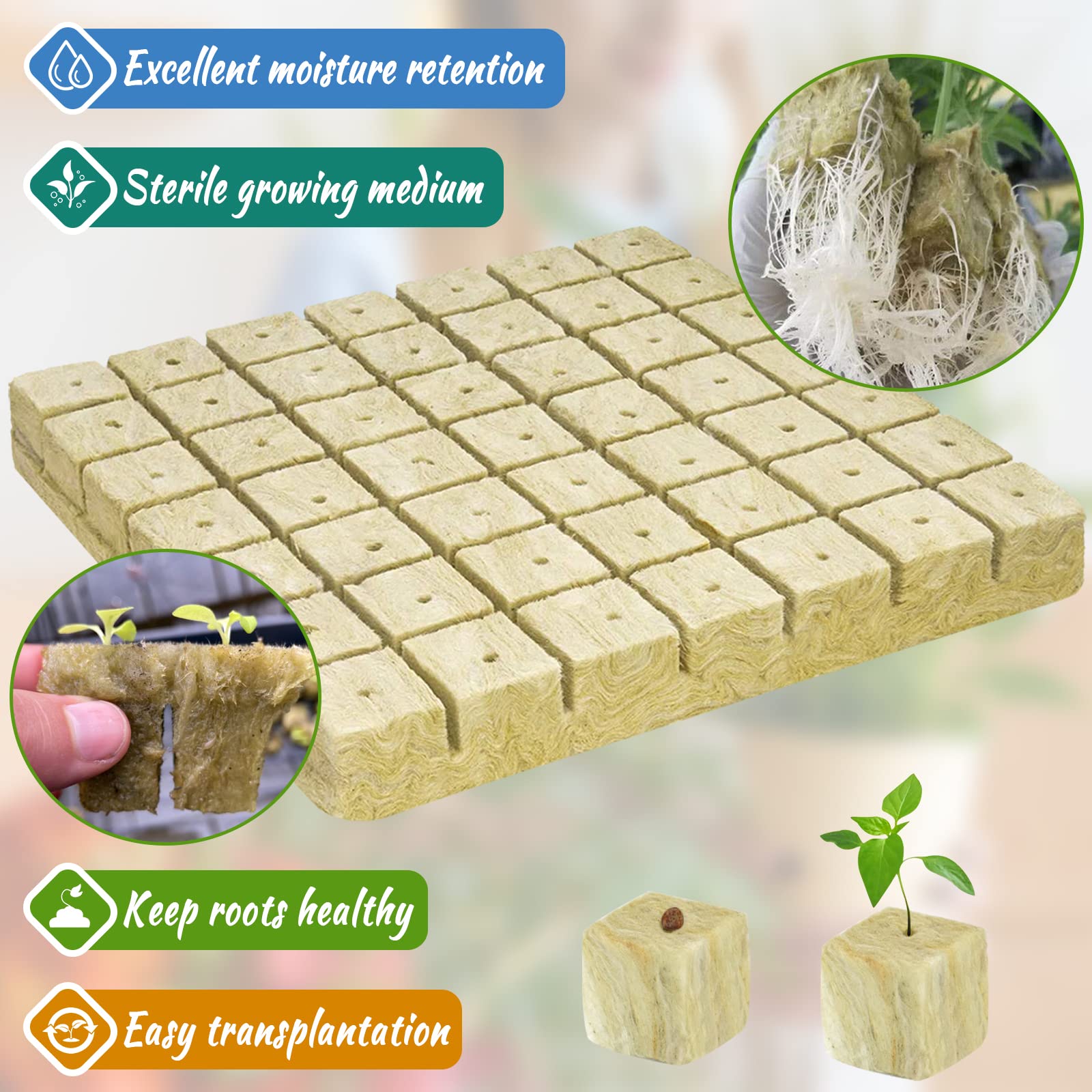 Legigo 98 Stück Steinwolle Anzucht Würfel 4x4x4 cm, Rockwool Cube Anzuchtwürfel für Hydroponic, Stecklinge Anzucht, Keimung, Setzlinge & Klonpflanzen, Alternative zu Anzuchterde für Stecklinge