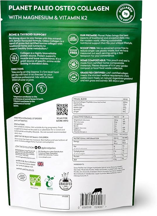Planet Paleo Osteo Collagen Powder for Bone Health (175g, 35 Servings) Grass-Fed Bovine Collagen Peptides, with Zinc & Vitamin K2, Bone Density & Joint Health, Lemon