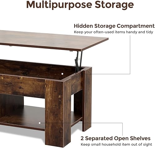 Miniatura 6 de Mesa de centro elevable con almacenamiento, 2 estantes abiertos y compartimento oculto, mesas de centro de elevación modernas de madera para sala de