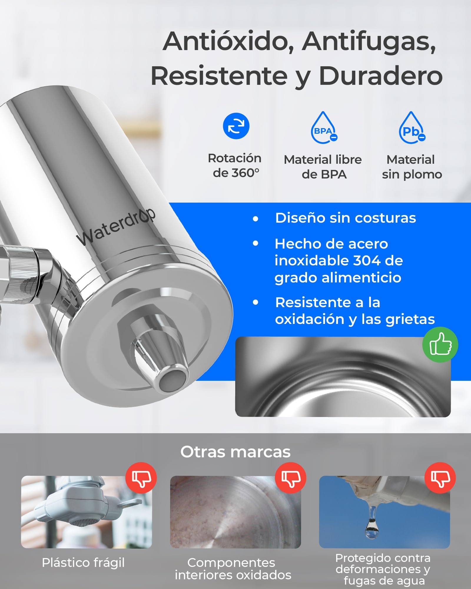 Waterdrop WD-FC-06 Grifo de Acero Inoxidable, Sistema de Filtración de Agua con Bloque de Carbón, Elimina el Cloro, los Metales Pesados y el Mal Sabor (1 Filtro Incluido)