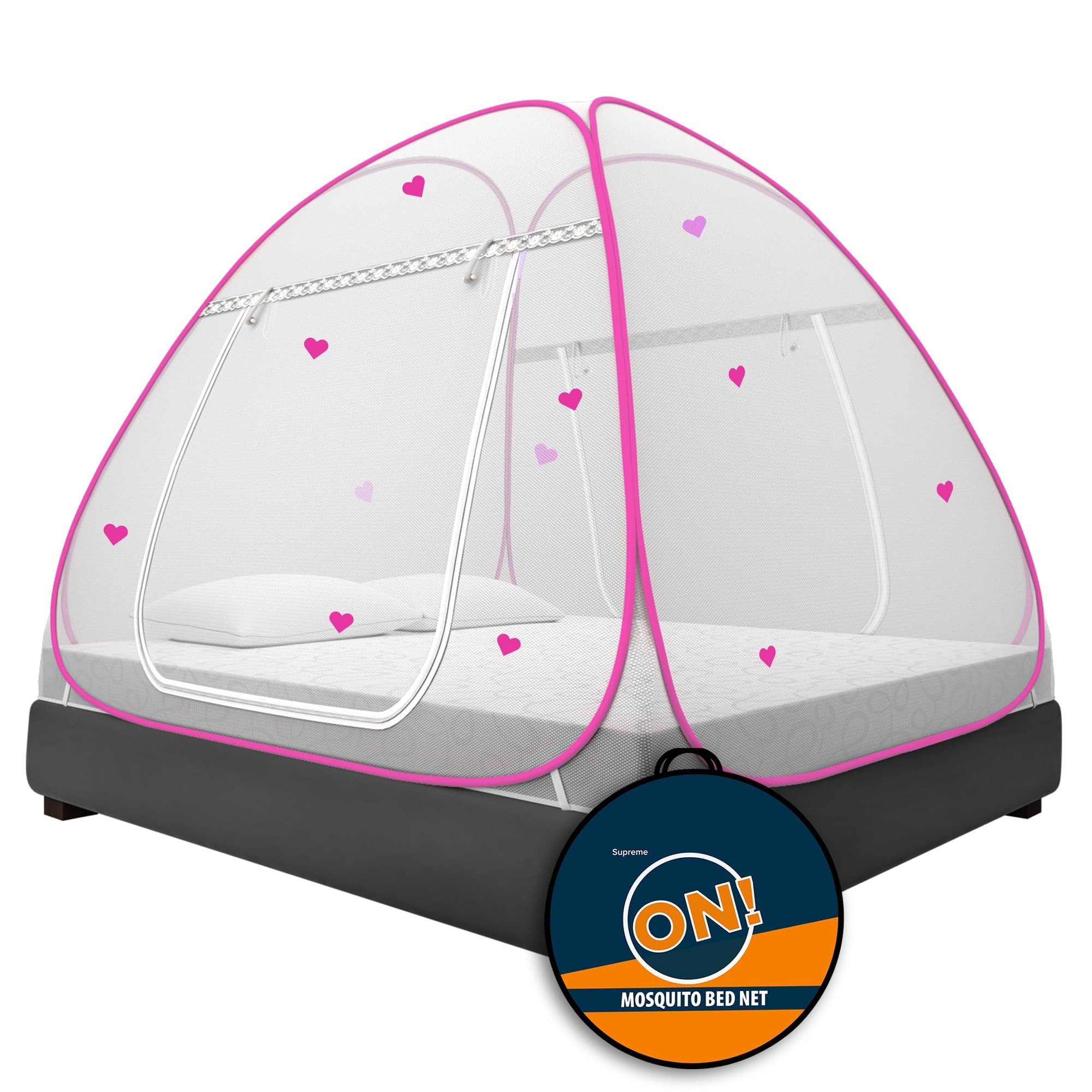 Supreme On Mosquito Net for Double Bed | Polyester | King Size Foldable Machardani with Heart Design |Strong and Durable|Tent Type Corrosion Resistant -White Pink Color-image-29