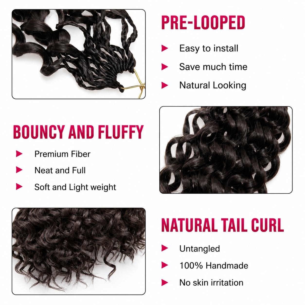 PRE LOOPED Gogo Curl Hair - Crochet Braid - extensiones de pelo para trenzas crochet de aspecto natural KANEKALON premium - 120 mechones 450 gr + 3 accesorios de regalo (#4, 18"45cm)