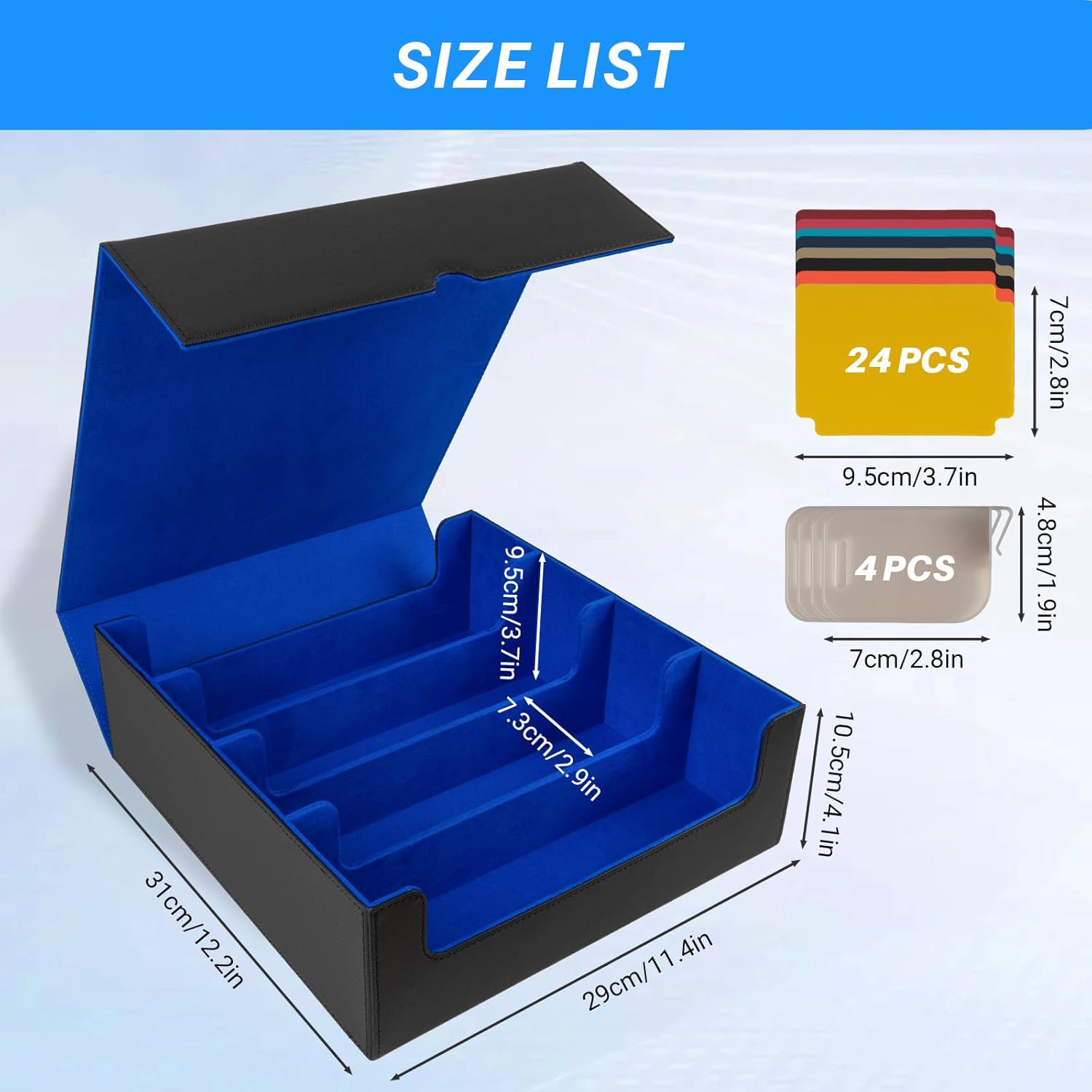 Collectible Trading Card Case - 4 Rows with 24 Card Dividers & 4 Card Supporters, PU Leather Case for MTG, Game & Sport Cards (Black & Blue)