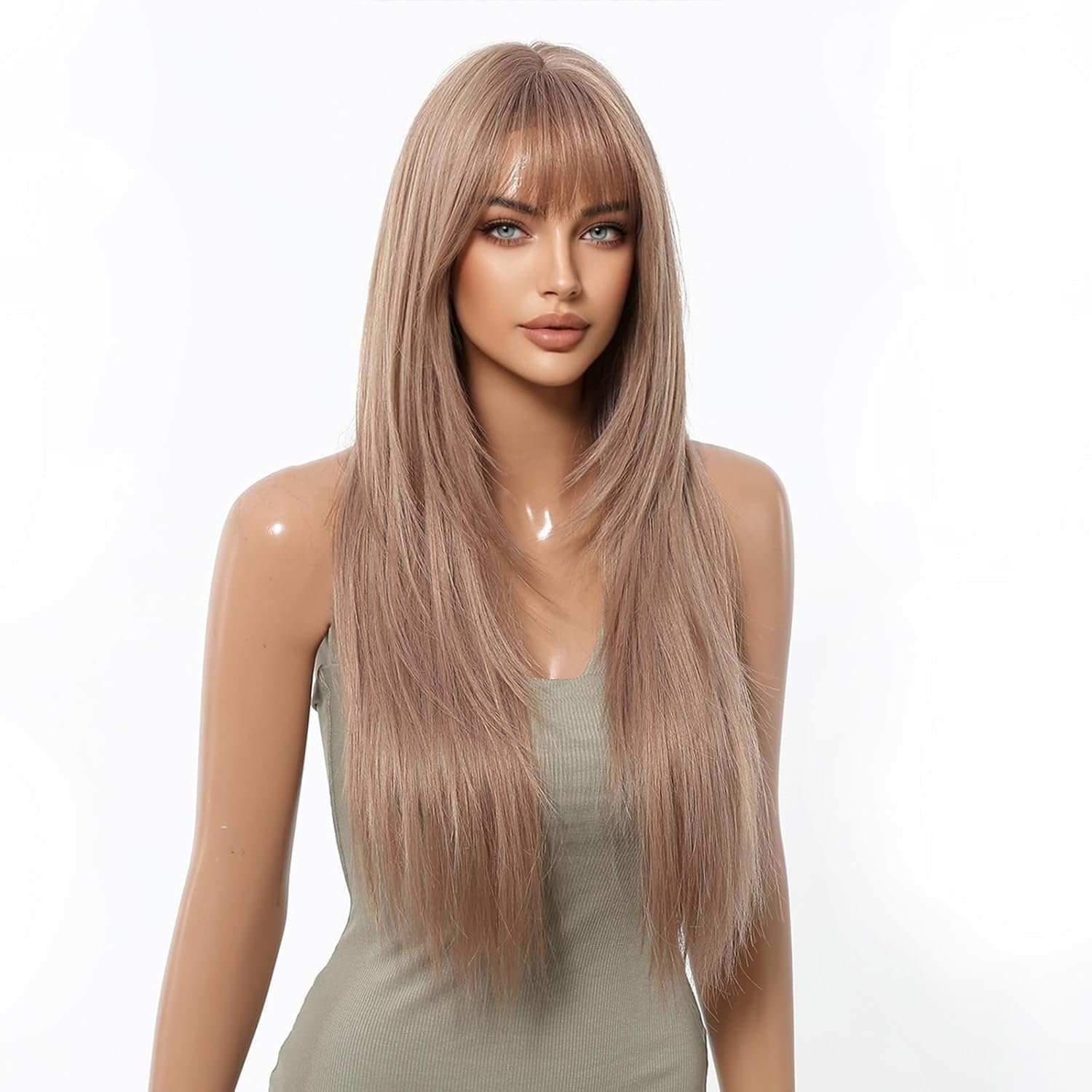 Synthetic Wig with Bangs Glueless Long Straight Layered Wigs for Women Milk Tea Blonde 28 Inch - Upgrade