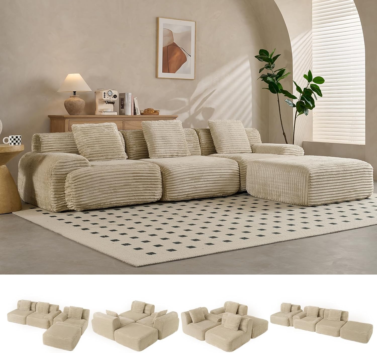 VK·LIVING 113" Cloud Sectional Couch, 61.6" Deep Seat Boneless Modular Sofa with Wide Armrests, Plush Corduroy Memory Foam Couch for Living Room, No Assembly, Sage Green
