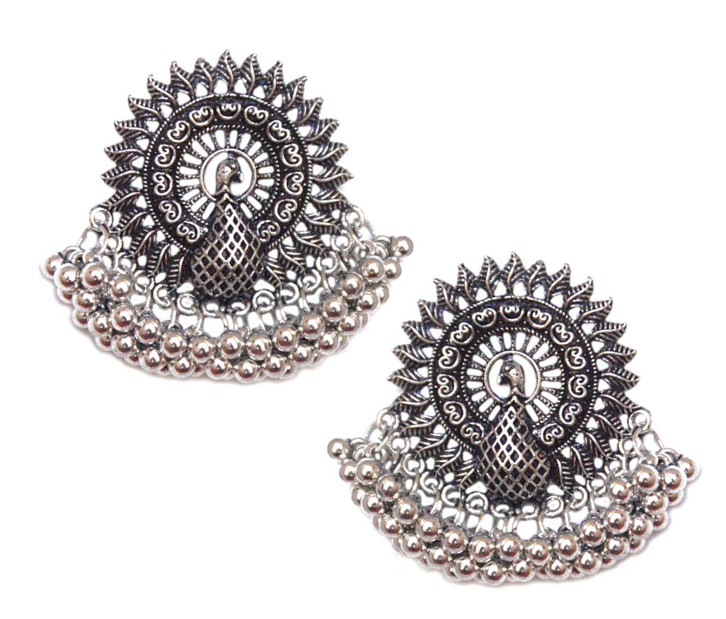 Pahal CreationsTraditional Oxidized Cluster Pearl Big Silver Jhumka Earrings Peacock Indian Bollywood Tribal Jewelry for Women (Design 2)
