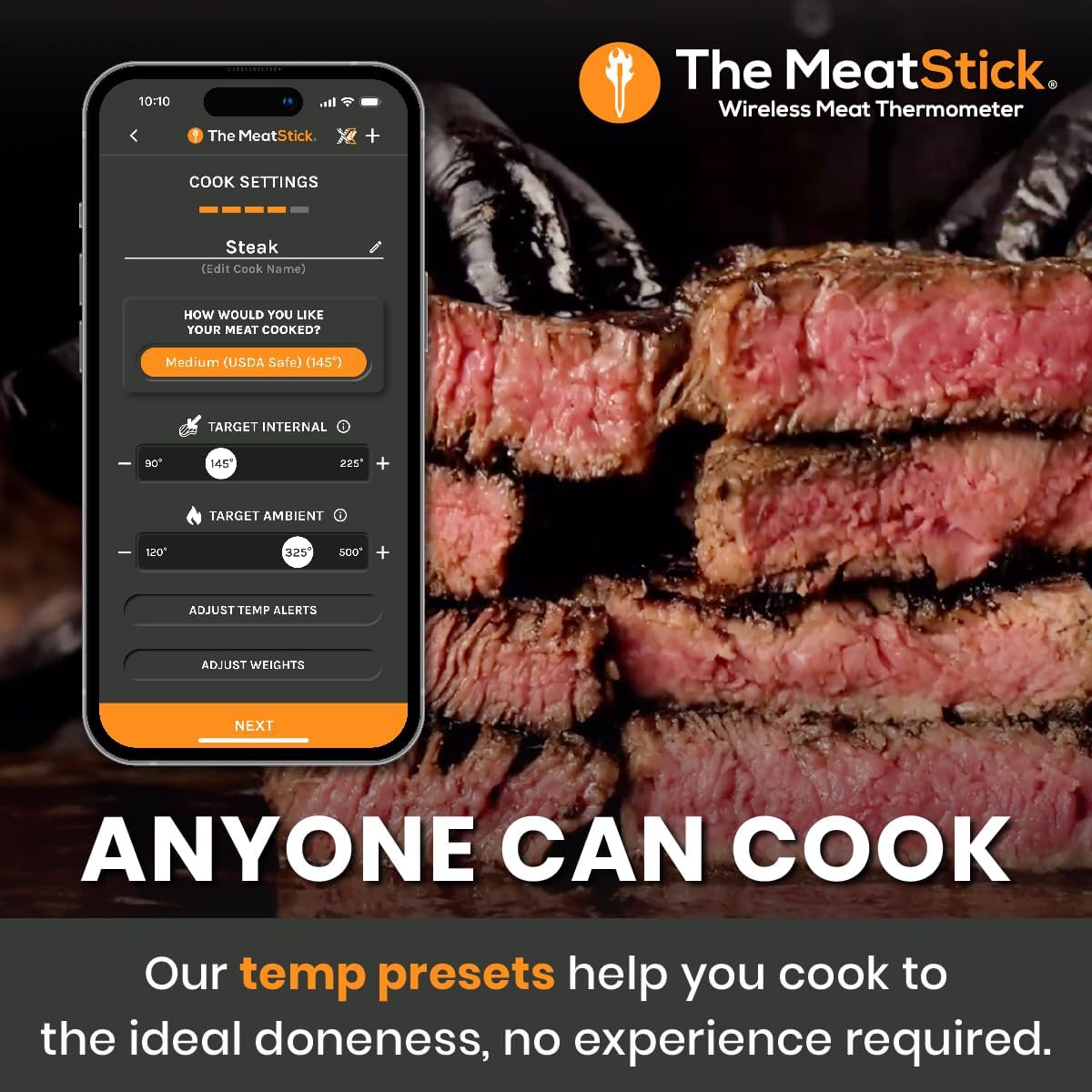 The MeatStick app showing cooking presets