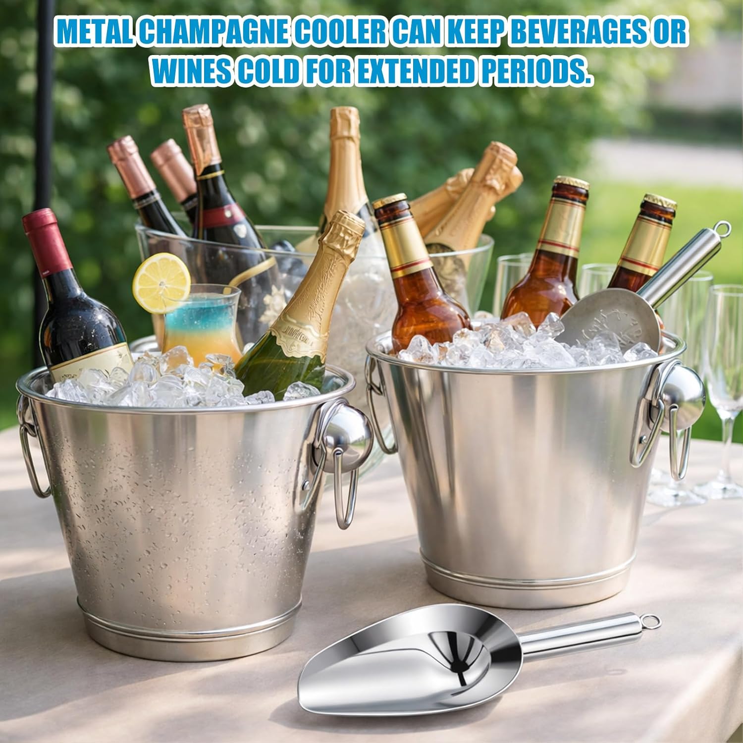 meekoo 4 Pcs 4 Quart Champagne Bucket Wine Bucket Metal Ice Container with 1 Pcs 6 oz Ice Scoop and Handles Stainless Steel Drink Cooler Cocktails Wine Chiller Beer Tub for Bar Party BBQ Banquet