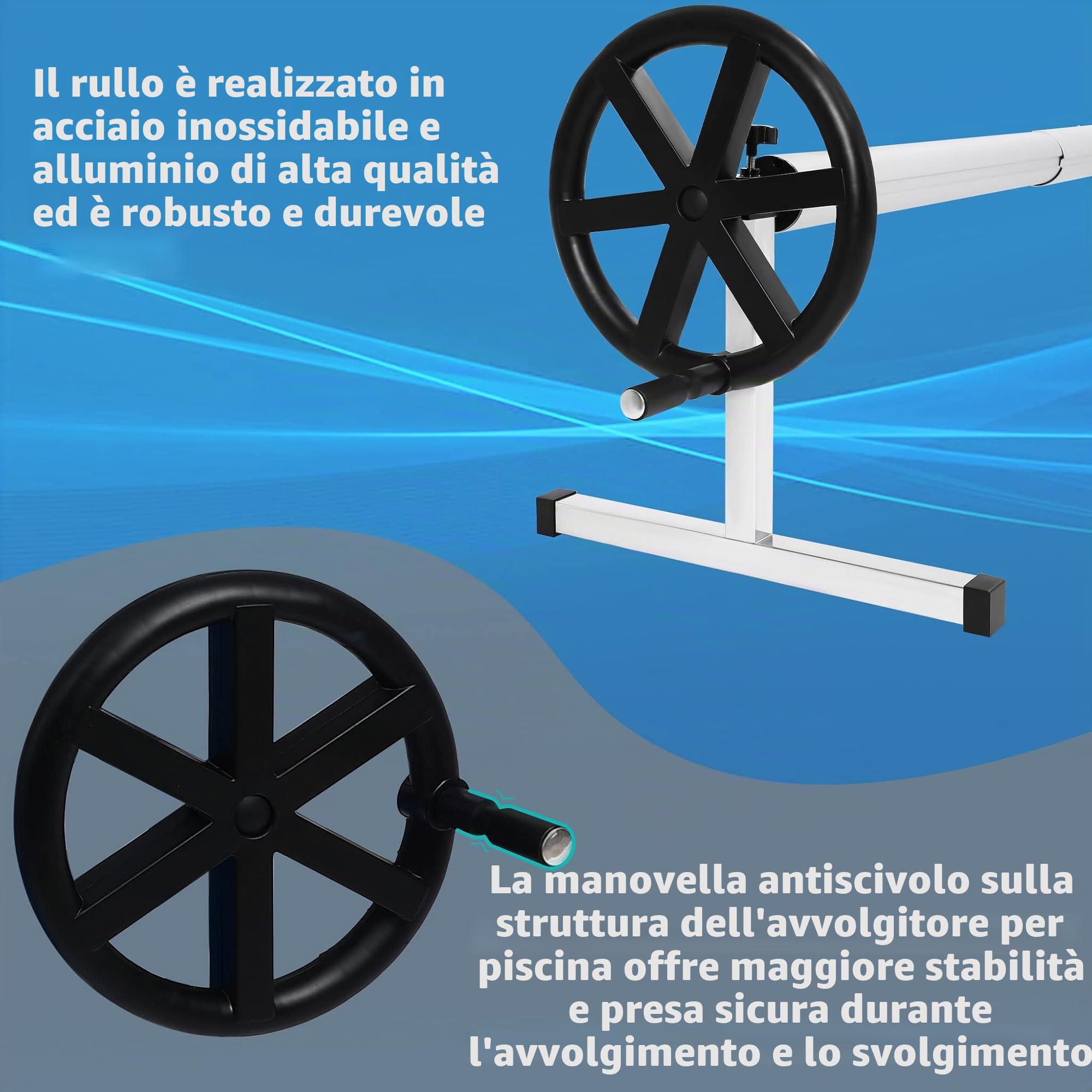 AufuN Avvolgitore per Piscina Premium 3 – 5,70 m, Sistema di avvolgimento Mobile per telone e Copertura, Materiale Resistente alle intemperie, con Fissaggio e Ruote