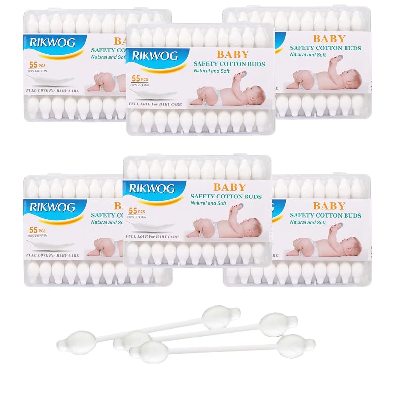 Hastes de Algodão RIKWOG com Ponta Arredondada, Hastes de Papel Branco, 330 Unidades, Pacote com 6
