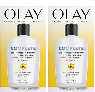 Olay Face Moisturizer, Complete with Sunscreen SPF 15, Daily Facial Lotion for Normal Skin, Lightweight Hydrating Broad Spectrum Sun Protection - Vitamin C, E, and Niacinamide - 6 Oz 2 Pack