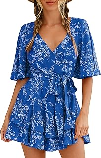 Womens Summer Short Flared Sleeve Romper V Neck Floral Print Jumpsuit Waist Tie Layer Ruffle Hem Dress Look Rompers